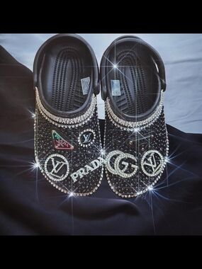 Black Jeweled Slip-On Clog with Rhinestone Logos